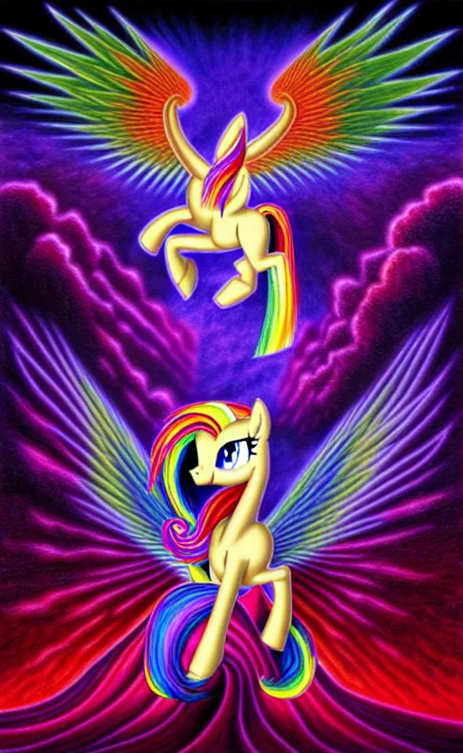 Prompt: my little pony on tool album cover, 8 k resolution hyperdetailed, surrealism style of alex grey, extremely high quality
