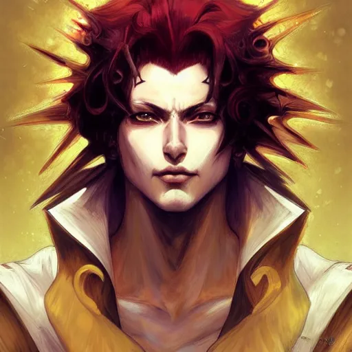 Image similar to portrait of hisoka morow hunter hunter, male, upper body sharp jaw yellow eyes small eyes red hair, medium length hair, anime, fantasy, intricate, elegant, highly detailed, digital painting, artstation, concept art, matte, sharp focus, illustration, art by artgerm and greg rutkowski and alphonse mucha