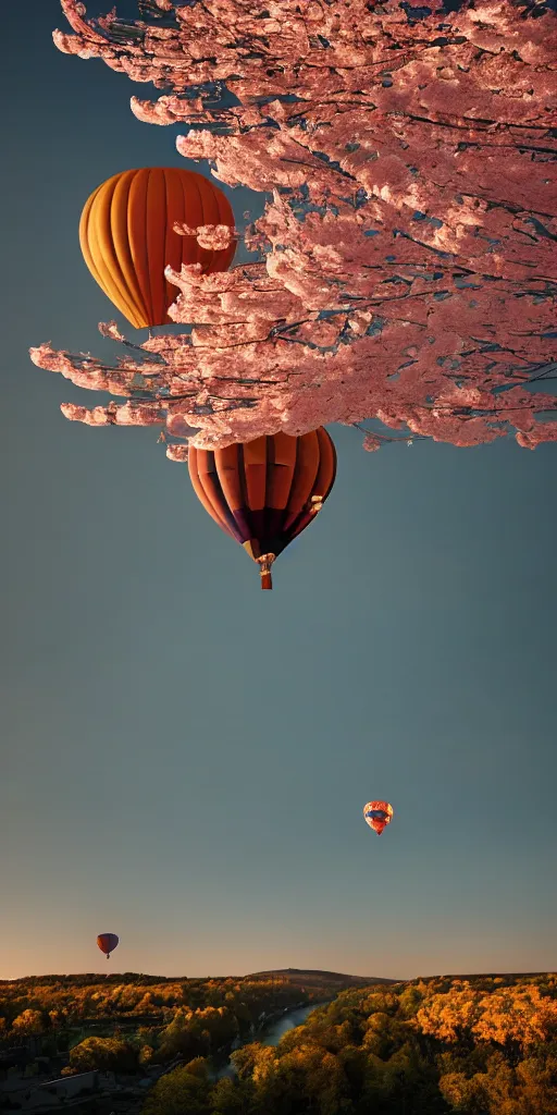 Prompt: elevated view of hot air balloon in flight, rule of thirds, vibrant river valley in distance, cherry blossoms, dusk (orange violet grey), Photorealistic, establishing shot, cinematic lighting, , dramatic lighting, atmospheric, realistic, octane render, highly detailed, color graded, matte painting in the style of mikko lagerstedt