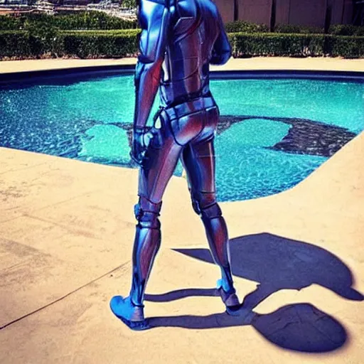 Image similar to “a realistic detailed photo of a guy who is an attractive humanoid who is half robot and half humanoid, who is a male android, actor Grant Gustin, shiny skin, posing like a statue, blank stare, by the pool, on display”