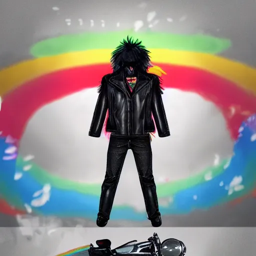 Image similar to wide angle full body, jacket wearing fluffy cute rainbow kitten wearing a black leather motorcycle jacket, cinematic concept art