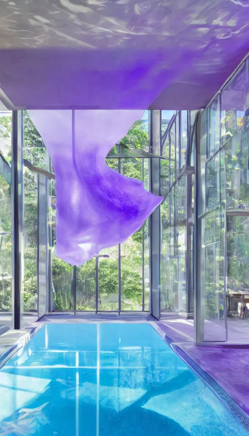 Image similar to A sunlit indoor lounge area with a pool with clear water and another pool with translucent purple water, next to a big window, 3D art