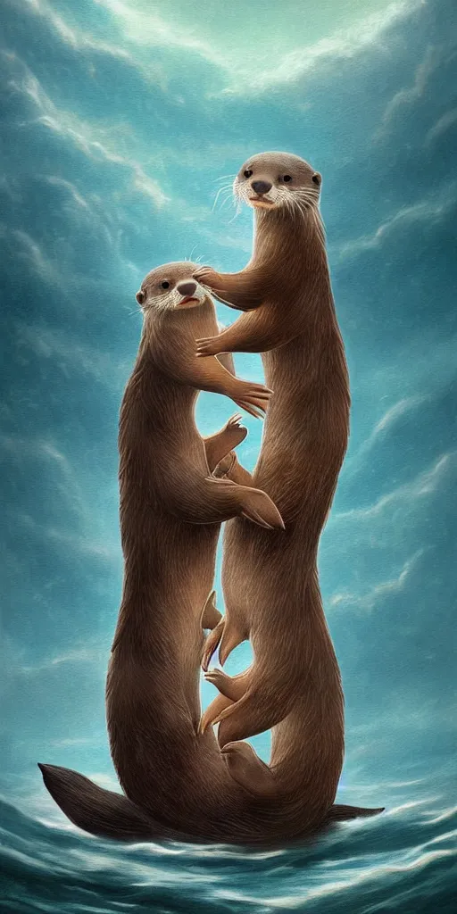 Image similar to adorable otter falling in love holding hands side by side, all alone in the middle of a scary storm at sea, fantasy illustration, cinematic, award winning, romantic, detailed trending on artstation, masterpiece