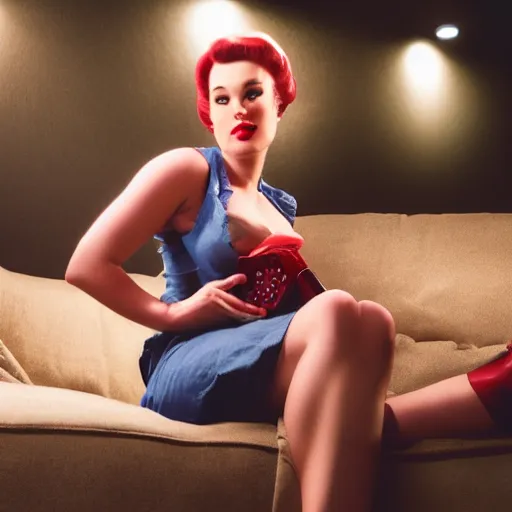 Image similar to a pin up woman playing a videogame, front view, dark lighting, couch, control, photo