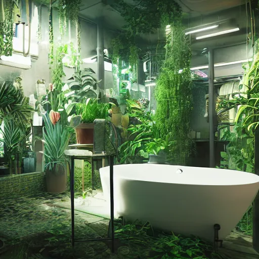 Image similar to a bathroom with a lot of plants inside of it, cyberpunk art by Gregory Crewdson, unsplash, ecological art, reimagined by industrial light and magic, rendered in unreal engine, diorama