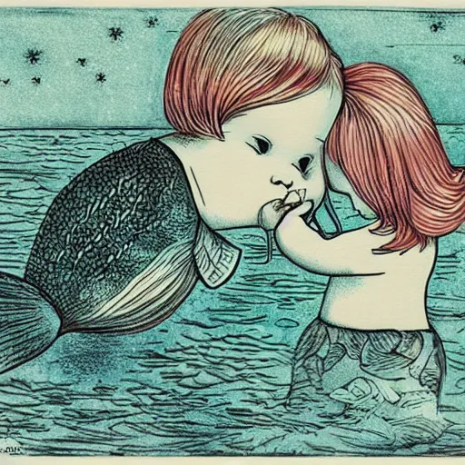 Image similar to the same style. the most beautiful little fat sweet girl is kissing a huge colorful cute fish. modern etching. colored print. hype realistic scene.