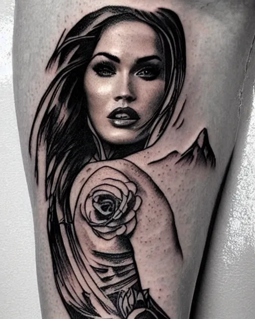 Image similar to creative double exposure effect tattoo design sketch of megan fox with beautiful mountains, realism tattoo, in the style of matteo pasqualin, amazing detail, sharp