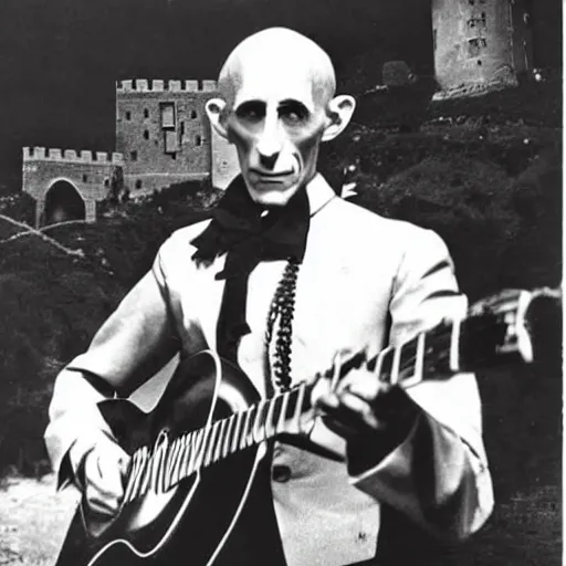 Image similar to vintage photograph of count orlok outside his castle, playing the blues on guitar, castle in the background, 4 k