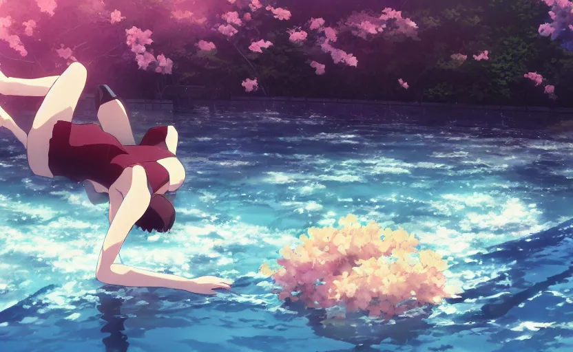 Prompt: An anime girl diving into a pool of water, anime scene by Makoto Shinkai, digital art