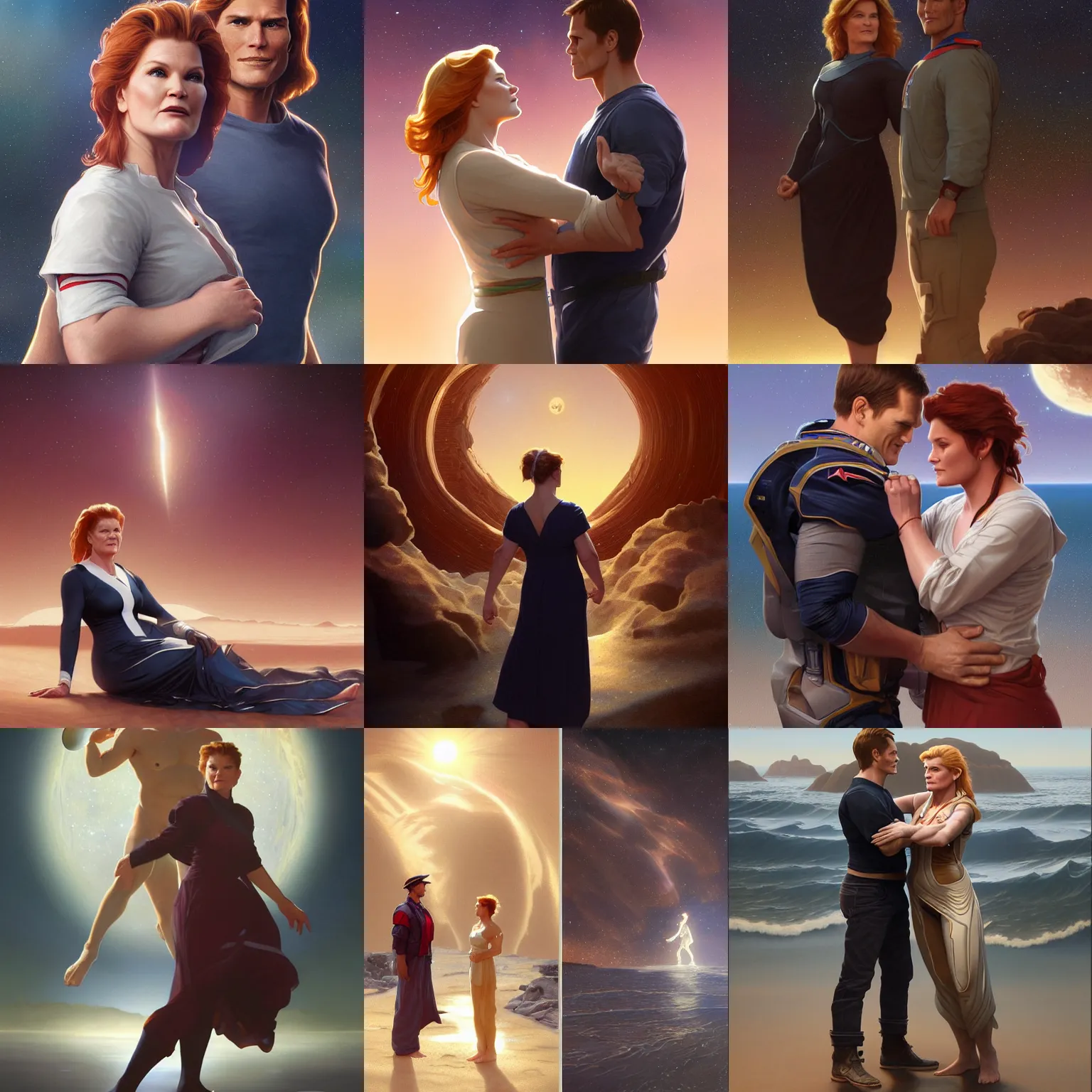 Prompt: kate mulgrew and tom brady on the shores of orion, octane render, highly detailed, digital painting, artstation, concept art, smooth, sharp focus, illustration, art by artgerm and greg rutkowski and alphonse mucha and william - adolphe bouguereau