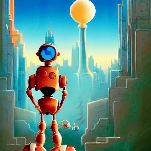 Prompt: a spectacular film poster of an adventurous boy ( facing the camera ) and his small robot friend, modern city background, eleborate composition with foreground and background, depth of field, fantasy illustration by kyoto studio and don bluth, disney animation film poster, cinematic lighting