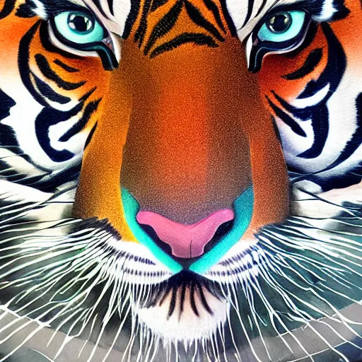 Image similar to coloured balinese sculpture breathtakingly cool beautiful stylised ornate tiger, extreme closeup, isometric perspective, 8 k artstation