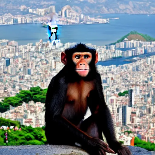 Image similar to high quality portrait of a monkey in front of Christ The Redeemer, studio photograph, photograph, realistic photo, 8k photo, 4k photo, stock photo, high resolution, cinematic shot, high detail