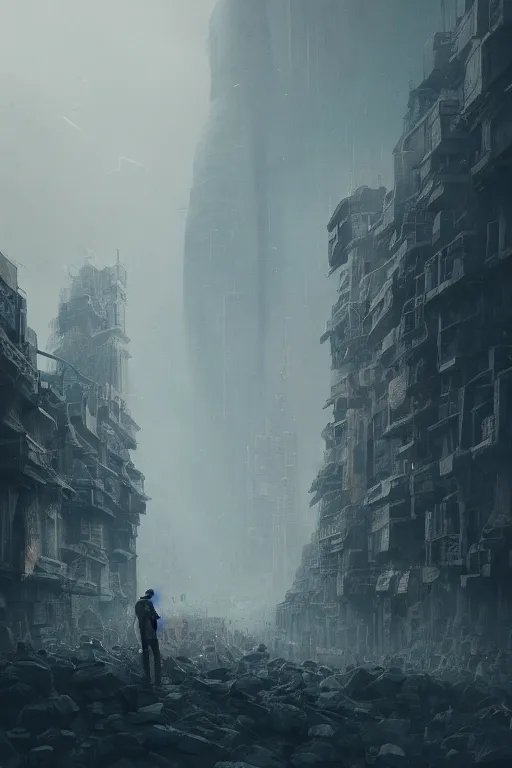 Image similar to A small person standing before a michanical city by Greg Rutkowski, beeple, Sung Choi, Mitchell Mohrhauser, Maciej Kuciara, Johnson Ting, Maxim Verehin, Peter Konig, final fantasy, macro lens, 35mm, 8k photorealistic, cinematic lighting, HD, high details, dramatic, dark atmosphere, trending on artstation