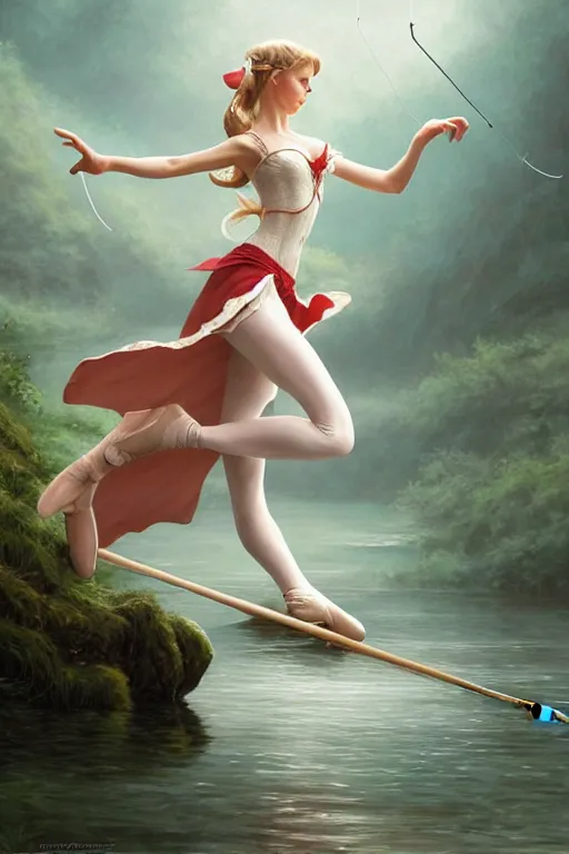 Image similar to elegant elf ballerina fishing in lake, highly detailed, d & d, fantasy, highly detailed, digital painting, trending on artstation, concept art, sharp focus, illustration, global illumination, ray tracing, realistic shaded, art by artgerm and greg rutkowski and fuji choko and viktoria gavrilenko and hoang lap