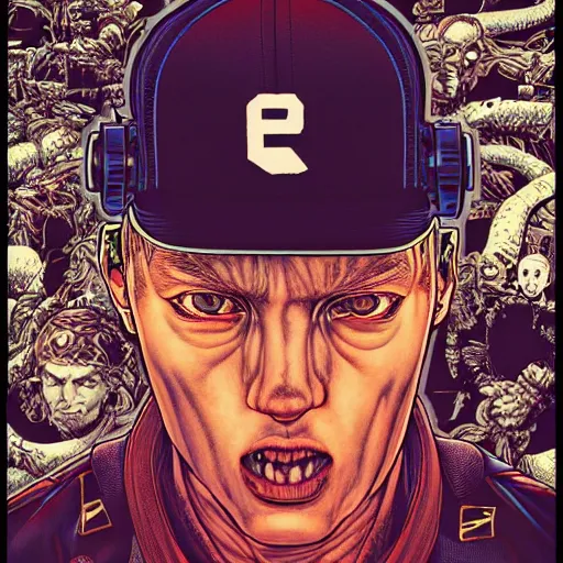 Prompt: portrait of crazy eminem, symmetrical, by yoichi hatakenaka, masamune shirow, josan gonzales and dan mumford, ayami kojima, takato yamamoto, barclay shaw, karol bak, yukito kishiro, areuz