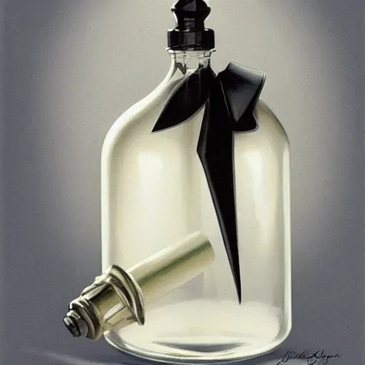 Image similar to concept art of a magic ivory liquid in a transparent round bottle, black top, by gil elvgren, white tones, white background, digital painting, artstation, concept art, smooth, sharp foccus ilustration hq