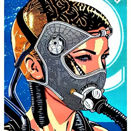 Image similar to tarot card of portrait of a female diver with a oxygen mask intricate detailed mask with front profile by MARVEL comics and Sandra Chevrier