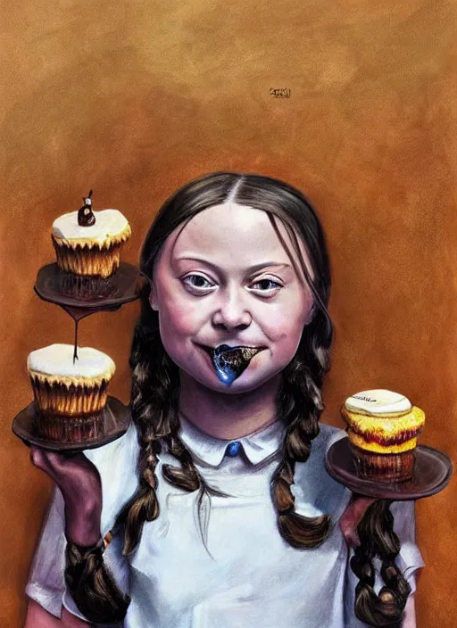 Image similar to greta thunberg eating cakes painted by salvador dali, detailed digital art, trending on Artstation