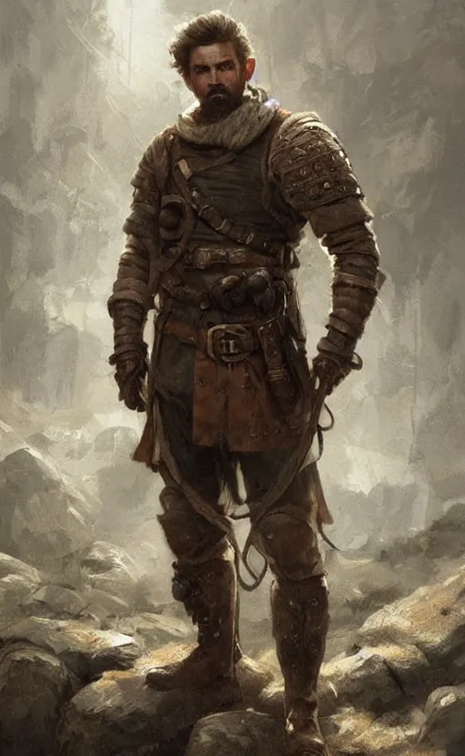 Image similar to Portrait of a rugged ranger, male, muscular, straight nose!!!, detailed face, thighs!!!, simple clothing!!!!!, boots!!!! fantasy, medieval, highly detailed, cinematic lighting, digital art painting by greg rutkowski