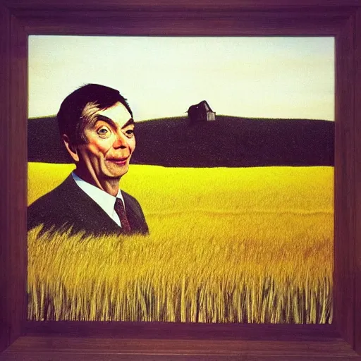 Prompt: “An Andrew Wyeth painting of Mr. Bean in a field of wheat at sunset”