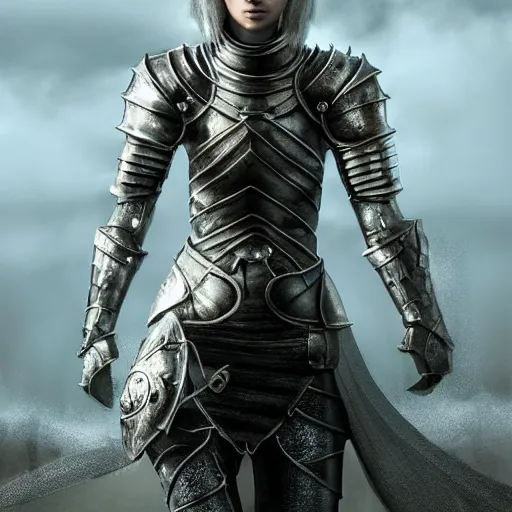 Image similar to a beautiful unexperienced female knight in a light armor who only came to see a dragon, symmetrical, cinematic, real photography