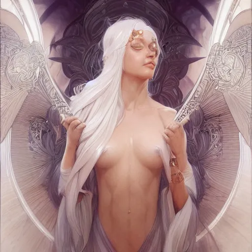 Image similar to god and goddess, white hair, long hair, gorgeous, amazing, elegant, intricate, highly detailed, digital painting, artstation, concept art, sharp focus, illustration, art by artgerm and greg rutkowski and alphonse mucha