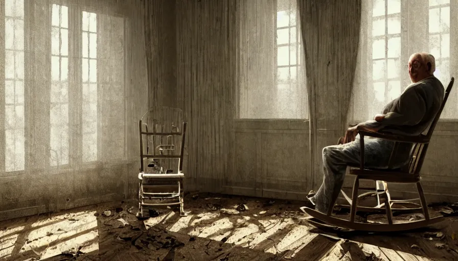 Prompt: old man sitting on a rocking chair in an old 3 0's abandoned rich manor, light through dusty broken windows, old curtains, dusty floor, dirts on the floor, wind, hyperdetailed, artstation, cgsociety, 8 k