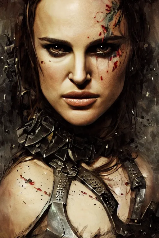 Image similar to young natalie portman, ultimate warrior, fighter, lord of the rings, tattoos, decorative ornaments, battle armor, omar ortiz, carl spitzweg, ismail inceoglu, vdragan bibin, hans thoma, greg rutkowski, alexandros pyromallis, perfect face, detailed, sharply focused, centered, rule of thirds, photorealistic shading