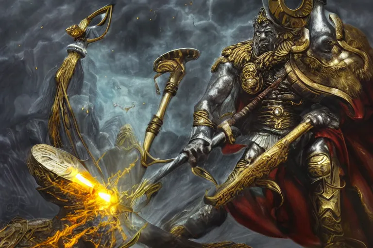 Image similar to mythological angry odin all father supreme God of thunder and smithing and artificial intelligence creating an artificial neural network with gold synapses on an anvil with his mighty hammer, high resolution, award winning art, trending on art station, sharp image, incredibly detailed, detailed character, realistic painting, hyperrealistic painting