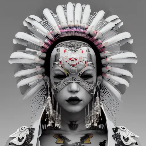 Prompt: japanese cyborg geishas in a ceremony with extremely detailed headdress, inspired by die antwoord beautiful, hand painted textures, cloth physics, deviantart, karol bak, masamune shirow, black and white, beautiful kawaii lighting, photorealistic, concept art, perfect render, 3 d render, pixar, 8 k