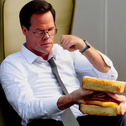 Prompt: mark rutte sleeping on a cheese sandwich