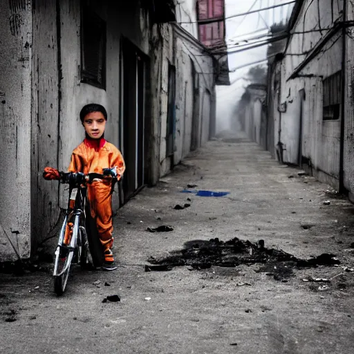 Image similar to a photo of a boy wearing a hazmat suit, riding a bike, side-view, smoke in the background, filthy streets, broken cars. Vines growing. Jpeg artifacts. Full-color photo. Color color color color color. Award-winning photo. Samyang/Rokinon Xeen 50mm T1.5