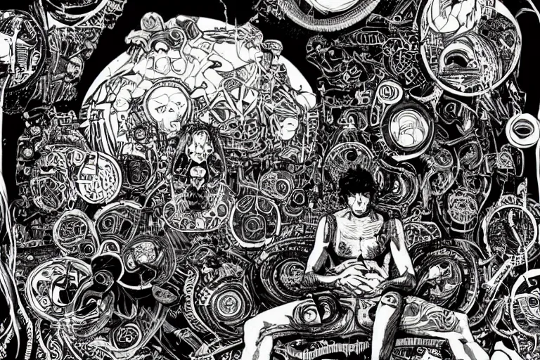 Prompt: psychedelic shaman surrounded by computers by mcbess inside a circular shape, black background, by Philippe Druillet, full colour