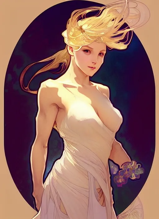 Image similar to digital character concept art by artgerm and greg rutkowski and alphonse mucha. clear portrait of a modern young wife blessed by god to unstoppably grow more perfect and fertile!! blonde, in clothes!! feminine well - formed holy body!! light effect. hyper detailed, glowing lights!! intricate, elegant, digital painting, artstation, smooth, sharp focus