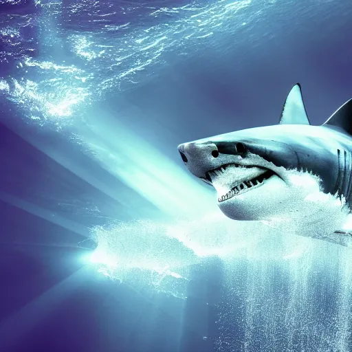 Prompt: a great white shark with purple lasers projecting out of its eyes. highly detailed, 4 k