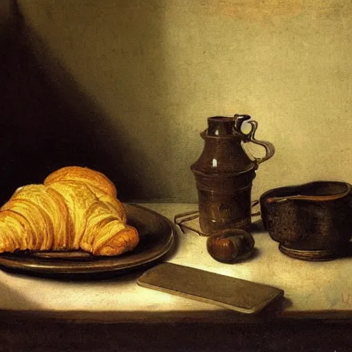 Prompt: still life with a laptop on a table, a cup of coffee next to it and a croissant. painting by rembrandt