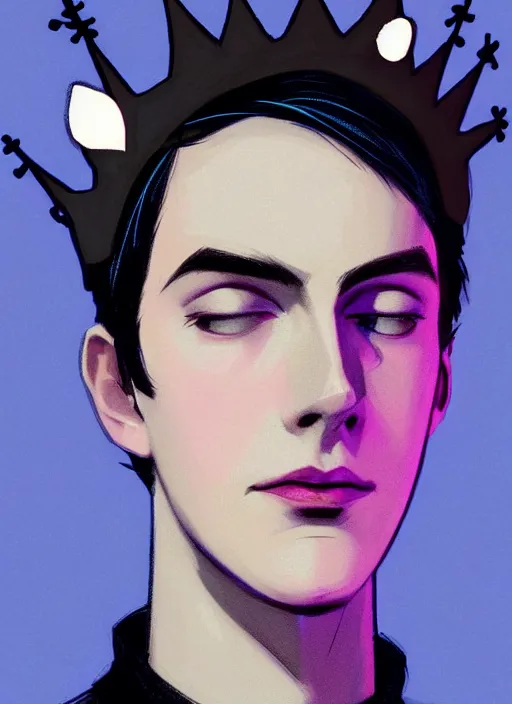 Image similar to portrait of teenage jughead jones wearing a light grey crown, crown, blue turtleneck, 1 9 5 0 s, closed eyes, photorealistic, black hair, glowing lighting, intricate, elegant, glowing lights, highly detailed, digital painting, artstation, concept art, smooth, sharp focus, illustration, art by wlop, mars ravelo and greg rutkowski