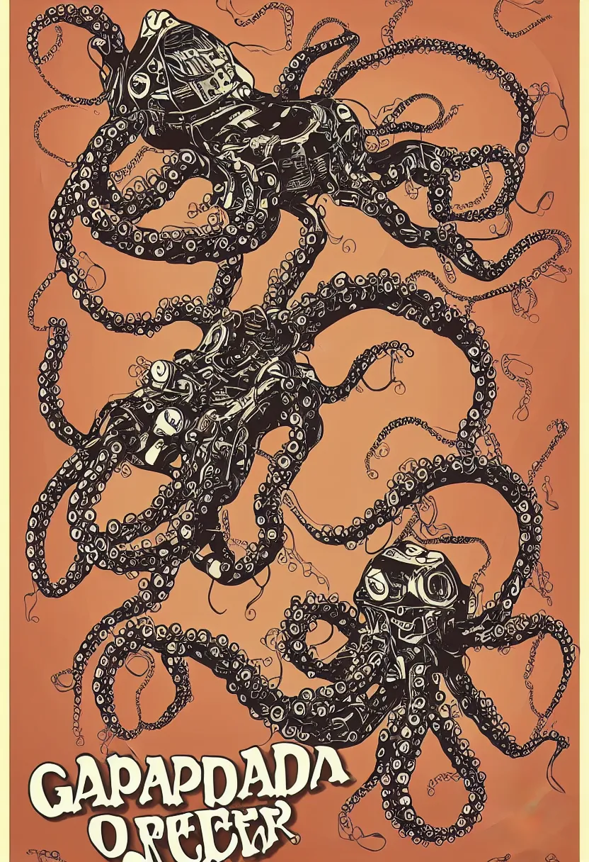 Image similar to concert poster for 'Grandpa Finger', dying robot octopus, vector art, 8k, highly detailed illustration