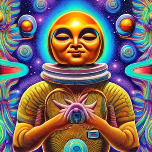 Image similar to psychedelic astronaut attaining enlightenment in the style of octavio ocampo naoto hattori, cg society, trending on artstation, award winning