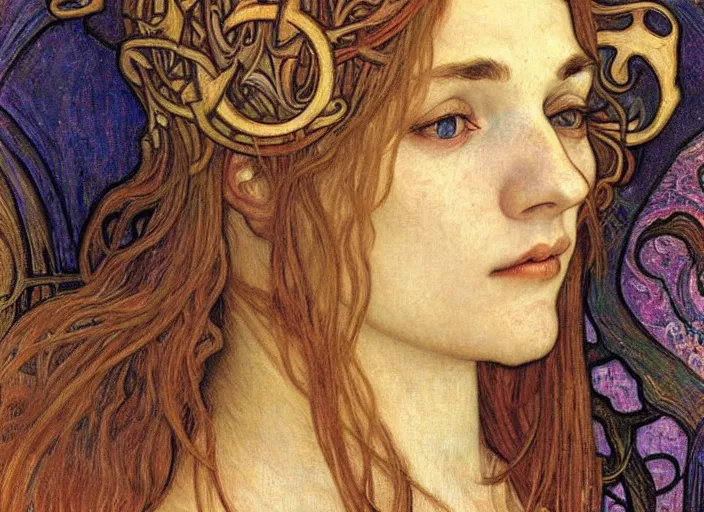 Image similar to detailed realistic beautiful young medieval queen face portrait by jean delville, alphonse mucha, vincent van gogh, and marco mazzoni, art nouveau, symbolist, visionary, gothic, pre - raphaelite