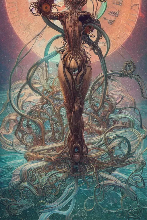 Prompt: swimming through time, inter dimensional clockwork, kowloon tentacles, by artgerm and yoshitaka amano and moebius and hr giger and zdislaw beksinski and alphonse mucha, hyperdetailed, glamour, surreal, dc comics, ornate, stunning, nebula, explosions in the sky, trending on artstation