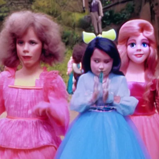 Prompt: still from 1977 live-action children's tv show about a Disney princess who enters an intestine cult color