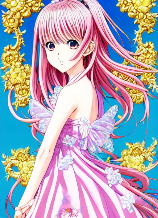 Image similar to japanese anime of a beautiful girl stand in the sunshine, pink hair, rococo dress, royally decorated crystal gemstones, symmetrical face, portrait, cute, fairy, by artgerm, takeshi obata, katsuhiro otomo, mai yoneyama, pixiv, detailed background, artstation, intricate, elegant, highly detailed, colorful, maximalist