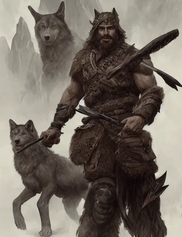 Image similar to portrait of a gruff ranger with a spear, accompanied by a black wolf, muscular, handsome face, hairy body, D&D, fantasy, intricate, elegant, highly detailed, digital painting, artstation, concept art, matte, sharp focus, illustration, art by Artgerm and Greg Rutkowski and Alphonse Mucha