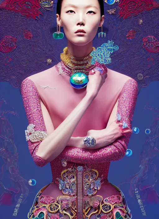 Prompt: pretty chinese model with futuristic diamonds and jewelry : : by martine johanna and simon stalenhag and chie yoshii and casey weldon and wlop : : ornate, dynamic, particulate, rich colors, intricate, elegant, highly detailed, vogue, harper's bazaar art, fashion magazine, smooth, sharp focus, 8 k, octane render,