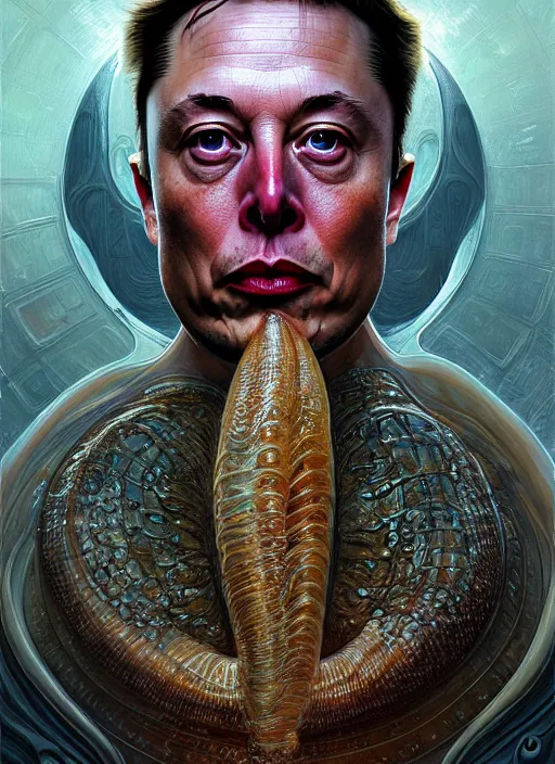 Prompt: elon musk as mollusk, slime, drool, portrait, intricate, elegant, highly detailed, digital painting, artstation, concept art, wallpaper, smooth, sharp focus, illustration, art by h. r. giger and artgerm and greg rutkowski and alphonse mucha