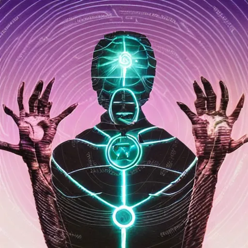 Image similar to a spiritually awakened cyborg wants to help humans free themselves from the chains of mental slavery and authoritarian politicians, surreal technological conceptual art magical cybernetic realism horror visions distopic and utopic art and the same time