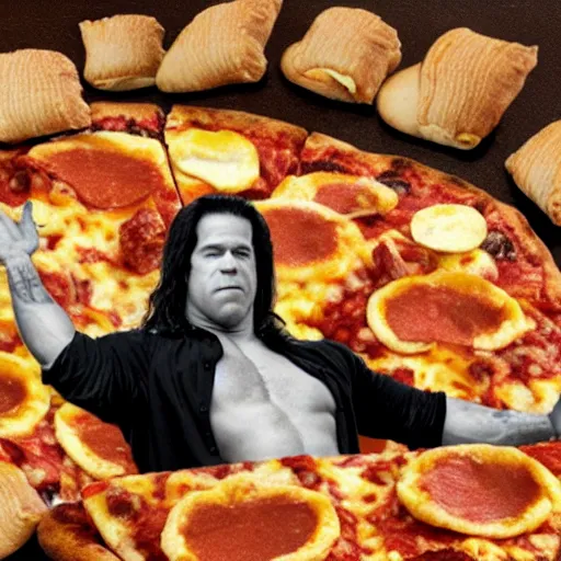 Image similar to glenn danzig surfing on a pizza roll, 4 k,