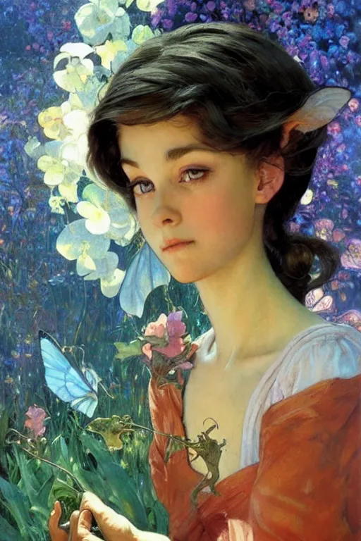 Image similar to :🧚🏽‍♀️🍄🐉:3, by Margaret Keane, greg rutkowski, thomas kindkade, alphonse mucha, loish, norman Rockwell,